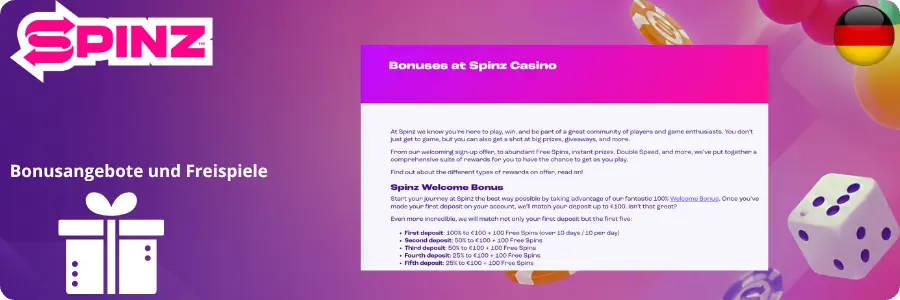 Bonusangebote und Freispiele und Spinz Casino