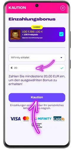 Einzahlung vornehmen und Willkommensbonus aktivieren Spinz Casino