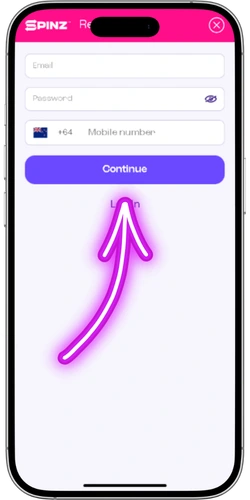 Entering email, password and mobile number on the Spinz Casino sign-up form