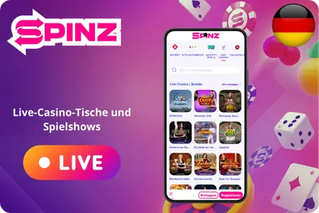 Spinz Live-Casino mit Blackjack, Roulette und Baccarat