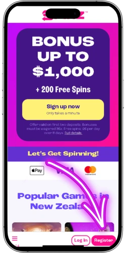 Spinz Casino registration form with bonus up to $1,000 and 200 free spins, showing the Register button