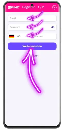 E-Mail-Adresse, Passwort und Mobilnummer im Anmeldeformular eingeben Spinz Casino