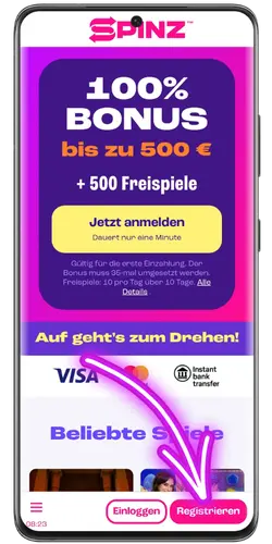 Registrierungsformular mit einem Bonus bis 1.000 EUR und 200 Freispielen Spinz Casino