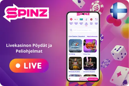 Spinz Casino live-kasino, blackjack, baccarat ja peliohjelmat
