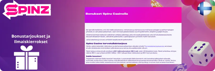 Spinz Casinon bonukset ja ilmaiskierrokset sekä Suomen tervetulotarjous ja Balance Booster