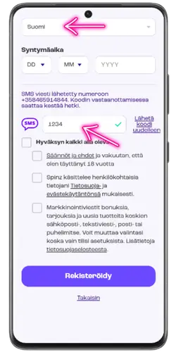 Maan valitseminen ja puhelinnumerosi vahvistaminen Spinz Casinolla