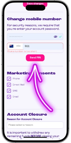 Verifying your phone number by sending a PIN at Spinz Casino