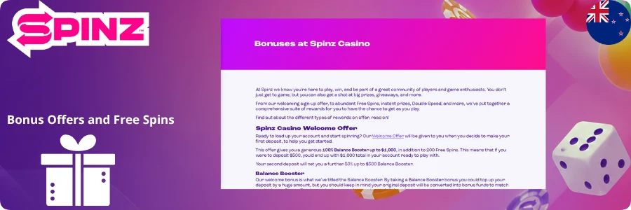 Bonus offers and free spins at Spinz Casino with the welcome offer and Balance Booster explained for NZ players