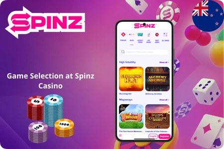 Game selection at Spinz Casino showing high volatility slots and Megaways titles