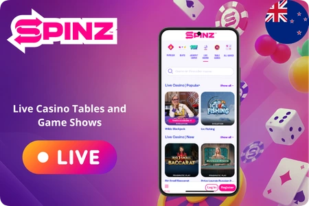 Live casino tables and game shows at Spinz Casino with blackjack and baccarat