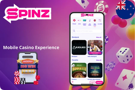 Mobile casino experience at Spinz with blackjack and roulette on smartphone