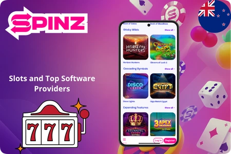 Slots and top software providers at Spinz Casino NZ with popular pokie titles
